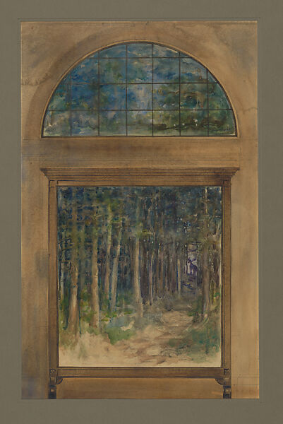 Design for a landscape window with moose, Louis C. Tiffany (American, New York 1848–1933 New York), Watercolor and gouache on paper in original matt, American 