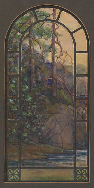 Design for a landscape window, Cypress Hills Abbey, Cypress Hills Cemetery, Brooklyn, New York, Louis C. Tiffany &amp; Co. (1883–1885), Watercolor on paper mounted on board in original mount, American
