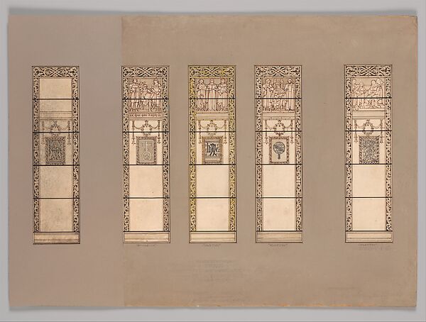 Suggestion for windows in library, residence of Mr. William B. Gourley, Clifton, New Jersey, Louis C. Tiffany (American, New York 1848–1933 New York), Watercolor, and ink on paper in original mat, American 