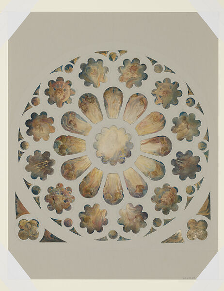 Design for a rose window, Louis C. Tiffany (American, New York 1848–1933 New York), Transparent and opaque watercolor, and graphite on cut white wove paper trimmed into shapes, American