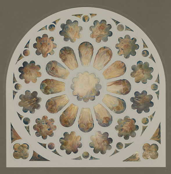 Design for a rose window, Louis C. Tiffany (American, New York 1848–1933 New York), Transparent and opaque watercolor, and graphite on cut white wove paper trimmed into shapes, American