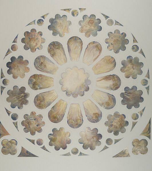 Design for a rose window, Louis C. Tiffany (American, New York 1848–1933 New York), Transparent and opaque watercolor, and graphite on cut white wove paper trimmed into shapes, American