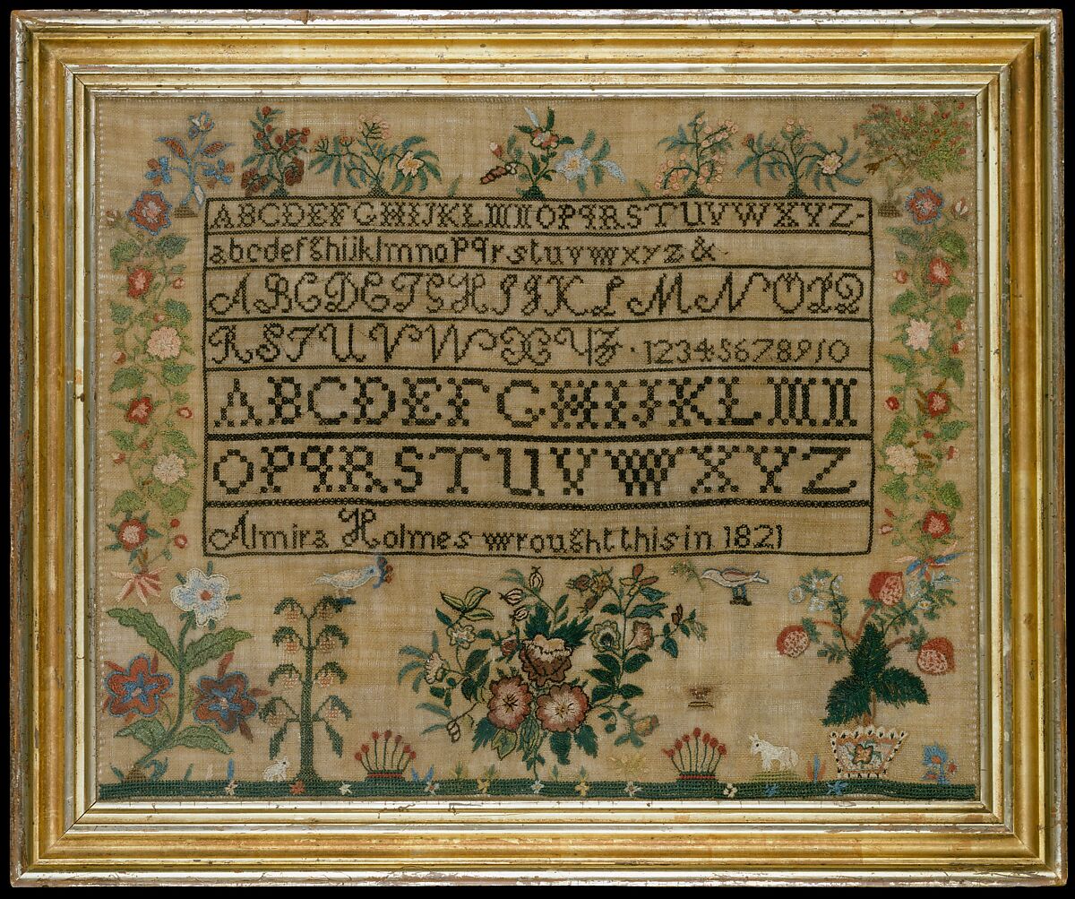 Sampler, Almira Holmes (American, 1803–1867), Silk embroidery on linen, American 