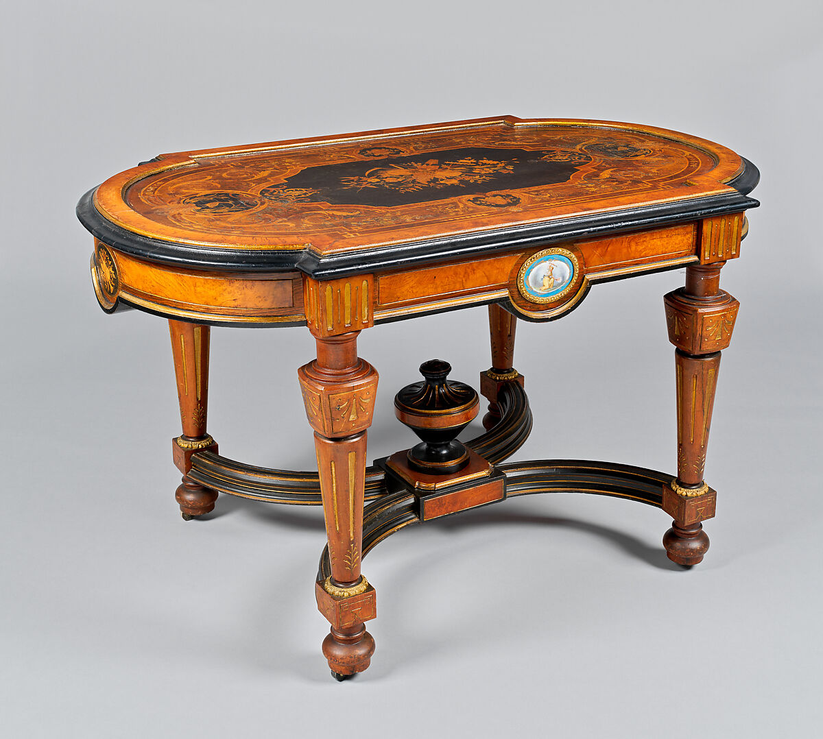 Center Table, Walnut with inlays of other woods, gilding, gilt bronze mounts, and porcelain plaques., American