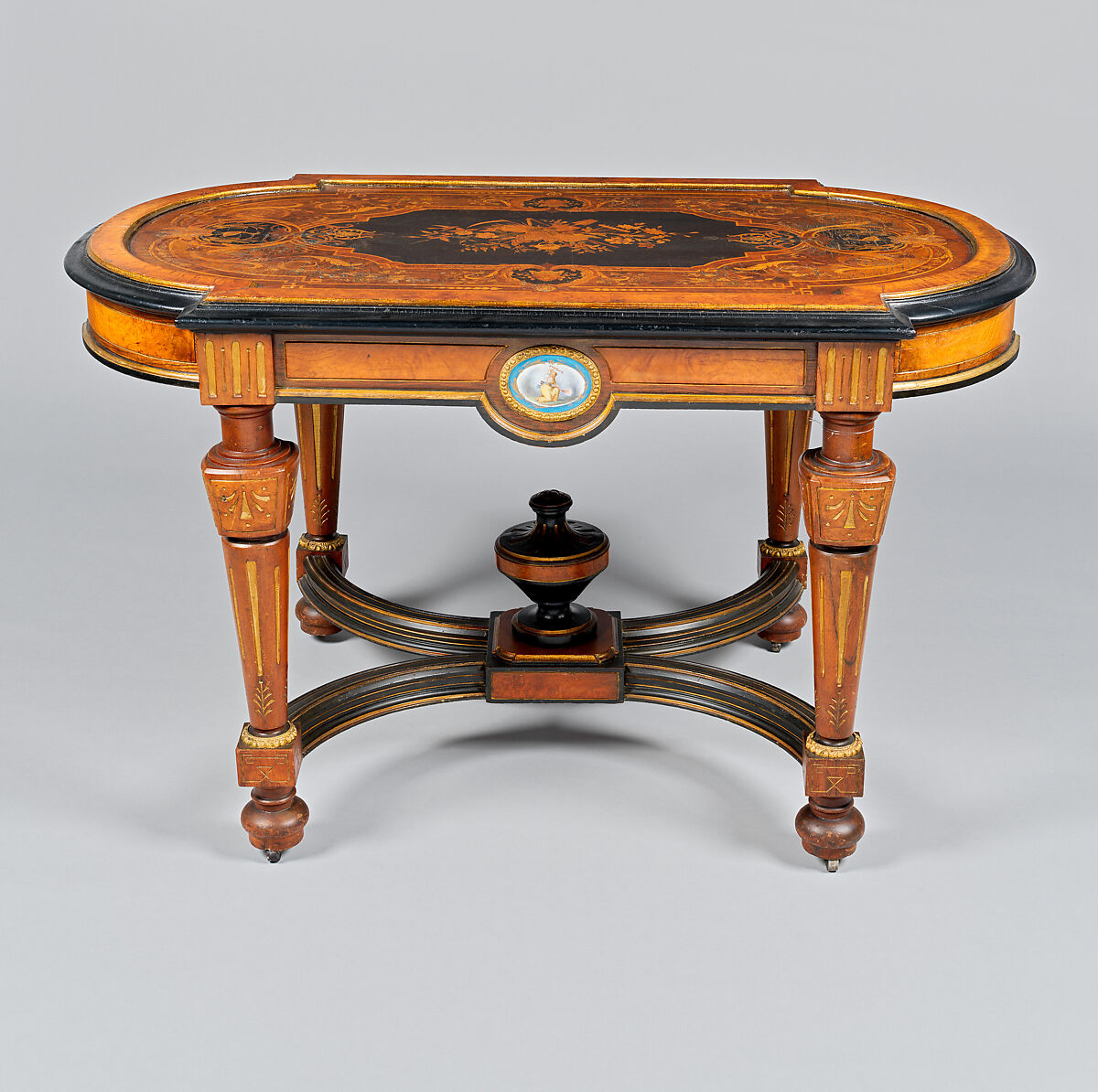 Center Table, Walnut with inlays of other woods, gilding, gilt bronze mounts, and porcelain plaques., American 