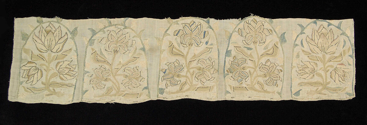Fragment of a shirt, Linen, silk, metal, Russian 