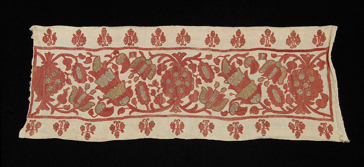 Fragment of a shirt, Linen, silk, metallic, Russian 