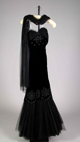 Evening dress, Attributed to Marcel Rochas (French, 1902–1955), Silk, beads, sequins, French 
