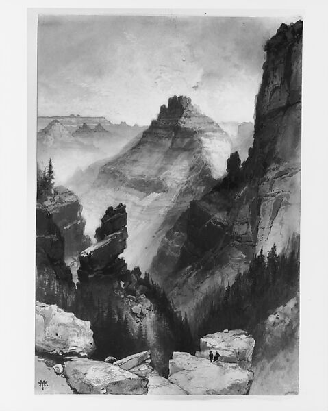 The Grand Canyon: Head of the Old Hance Trail, Thomas Moran (American (born England), Bolton, Lancashire 1837–1926 Santa Barbara, California), Watercolor, pen and black ink, gouache, and graphite underdrawing on light gray wove paper, American