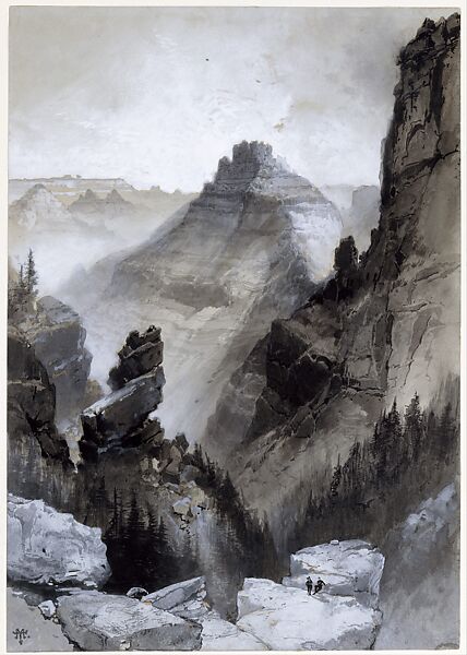 The Grand Canyon: Head of the Old Hance Trail, Thomas Moran (American (born England), Bolton, Lancashire 1837–1926 Santa Barbara, California), Watercolor, pen and black ink, gouache, and graphite underdrawing on light gray wove paper, American 