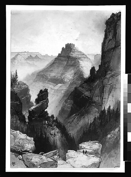 The Grand Canyon: Head of the Old Hance Trail, Thomas Moran (American (born England), Bolton, Lancashire 1837–1926 Santa Barbara, California), Watercolor, pen and black ink, gouache, and graphite underdrawing on light gray wove paper, American