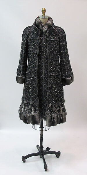 Ensemble, House of Chanel (French, founded 1910), wool, silk, fur, feathers, French 
