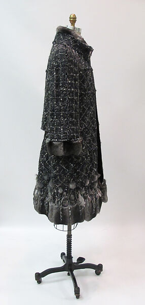 Ensemble, House of Chanel (French, founded 1910), wool, silk, fur, feathers, French