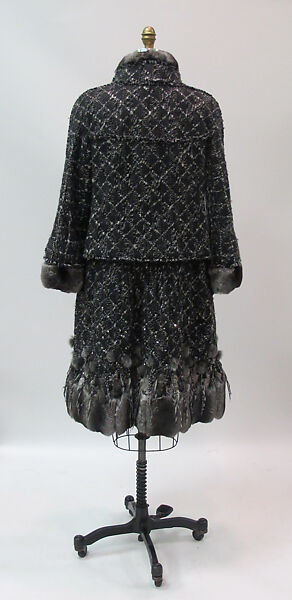 Ensemble, House of Chanel (French, founded 1910), wool, silk, fur, feathers, French