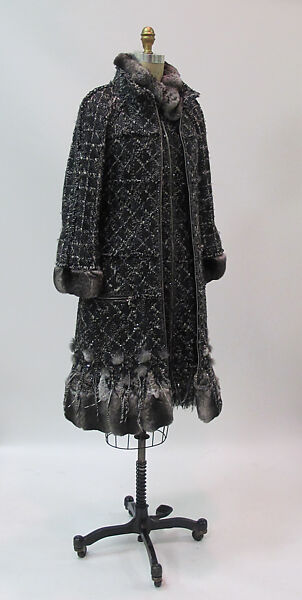 Ensemble, House of Chanel (French, founded 1910), wool, silk, fur, feathers, French