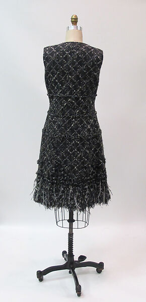 Ensemble, House of Chanel (French, founded 1910), wool, silk, fur, feathers, French