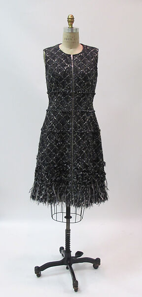 Ensemble, House of Chanel (French, founded 1910), wool, silk, fur, feathers, French