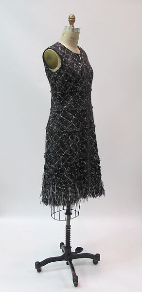 Ensemble, House of Chanel (French, founded 1910), wool, silk, fur, feathers, French