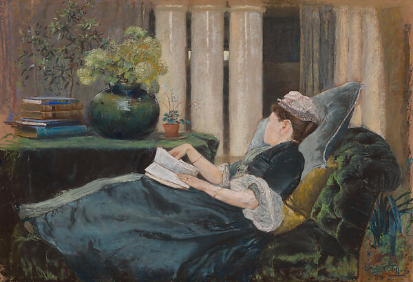 Louise Tiffany, Reading, Louis C. Tiffany (American, New York 1848–1933 New York), Pastel on buff colored wove paper, American