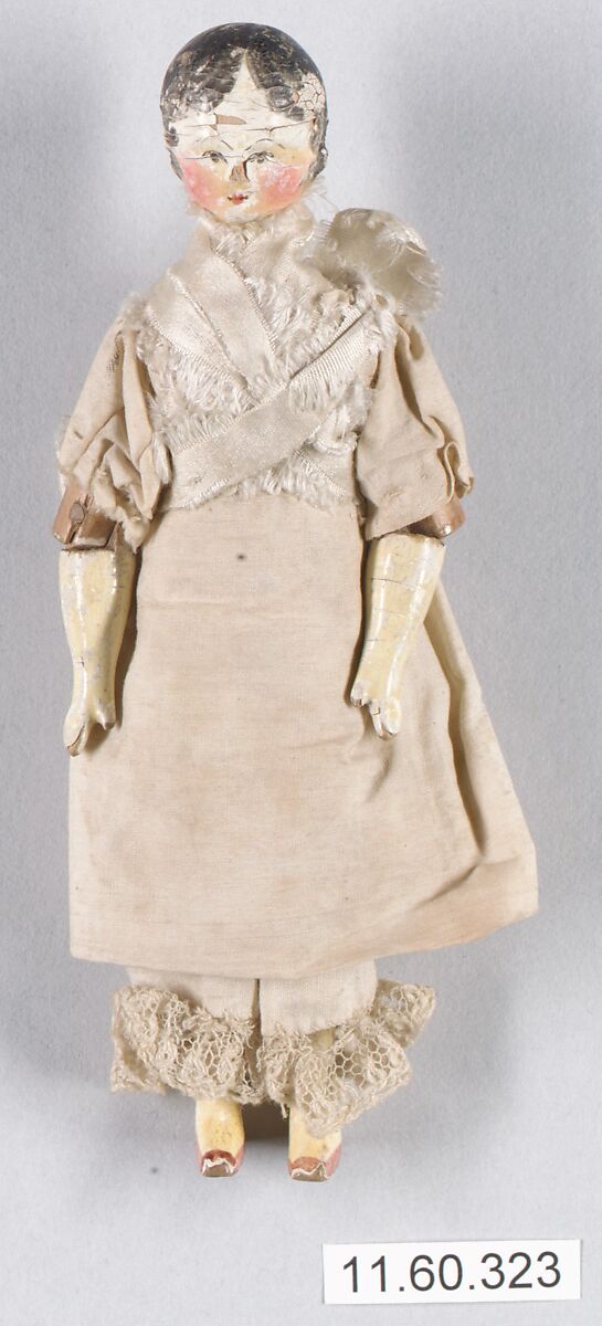 Doll, Painted wood, muslin, lace, satin, American 