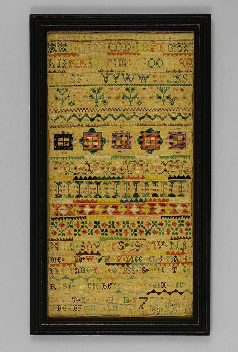 Band sampler, Ann Sayres (born 1727), Silk embroidery on linen, American 