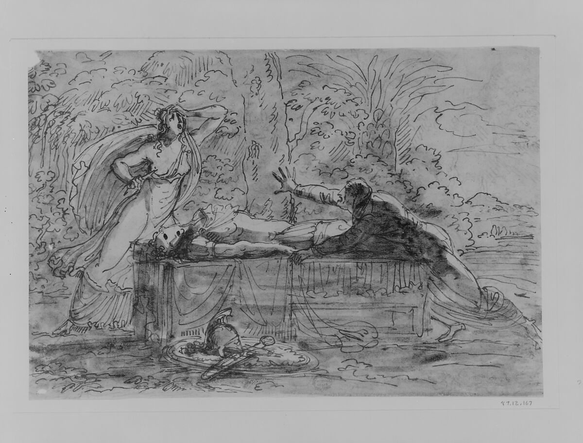 Panthea Stabs Herself beside the Corpse of Abradatas, After Benjamin West (American, Swarthmore, Pennsylvania 1738–1820 London), Brown ink, washes, and black chalk on white laid paper, American 