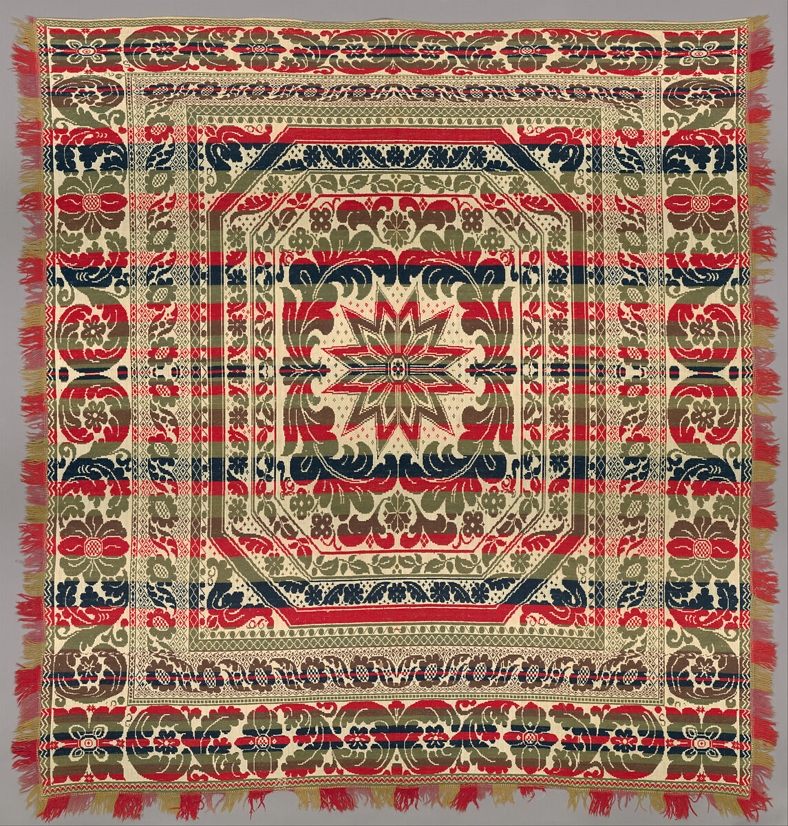 Coverlet, Wool and cotton, Jacquard-loom-woven 