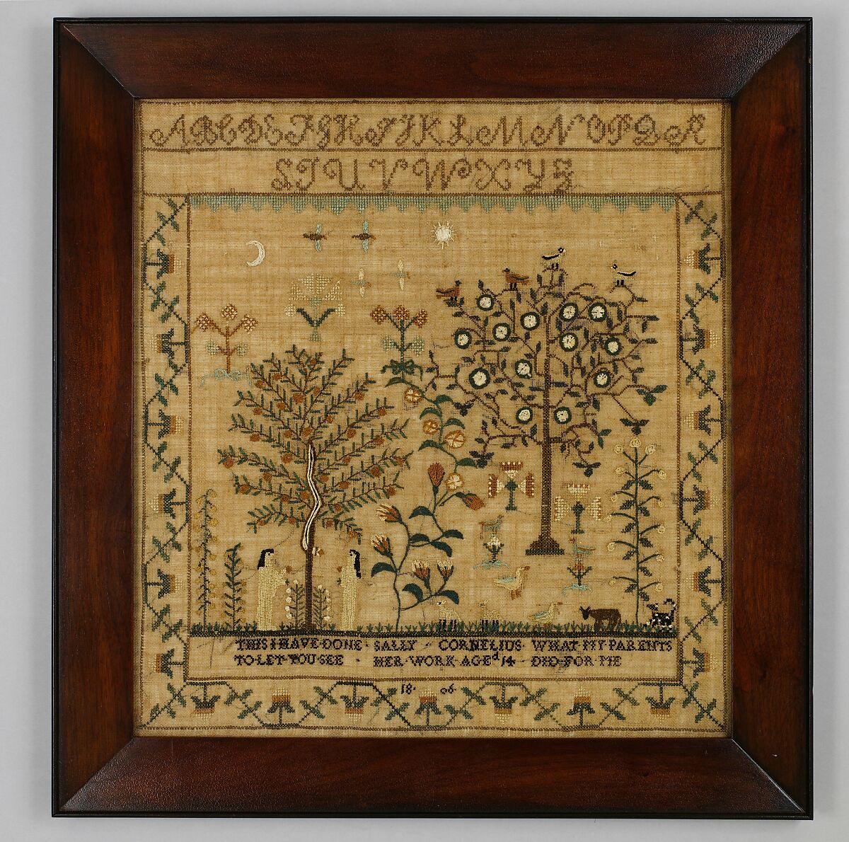 Embroidered sampler, Sally Cornelius (1792–1877), Embroidered silk on linen, American 