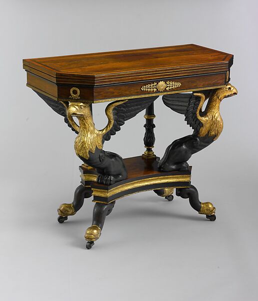 Card Table, Attributed to Duncan Phyfe (American (born Scotland), near Lock Fannich, Ross-Shire, Scotland 1768/1770–1854 New York), Rosewood, satinwood, painted and gilded gesso, brass, American