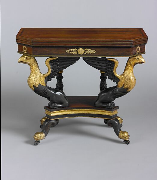 Card Table, Attributed to Duncan Phyfe (American (born Scotland), near Lock Fannich, Ross-Shire, Scotland 1768/1770–1854 New York), Rosewood, satinwood, painted and gilded gesso, brass, American 