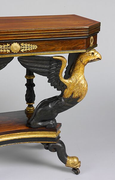 Card Table, Attributed to Duncan Phyfe (American (born Scotland), near Lock Fannich, Ross-Shire, Scotland 1768/1770–1854 New York), Rosewood, satinwood, painted and gilded gesso, brass, American