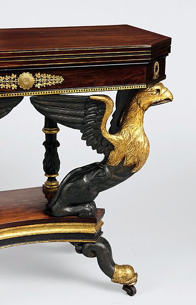 Card Table, Attributed to Duncan Phyfe (American (born Scotland), near Lock Fannich, Ross-Shire, Scotland 1768/1770–1854 New York), Rosewood, satinwood, painted and gilded gesso, brass, American