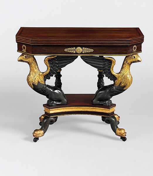Card Table, Attributed to Duncan Phyfe (American (born Scotland), near Lock Fannich, Ross-Shire, Scotland 1768/1770–1854 New York), Rosewood, satinwood, painted and gilded gesso, brass, American