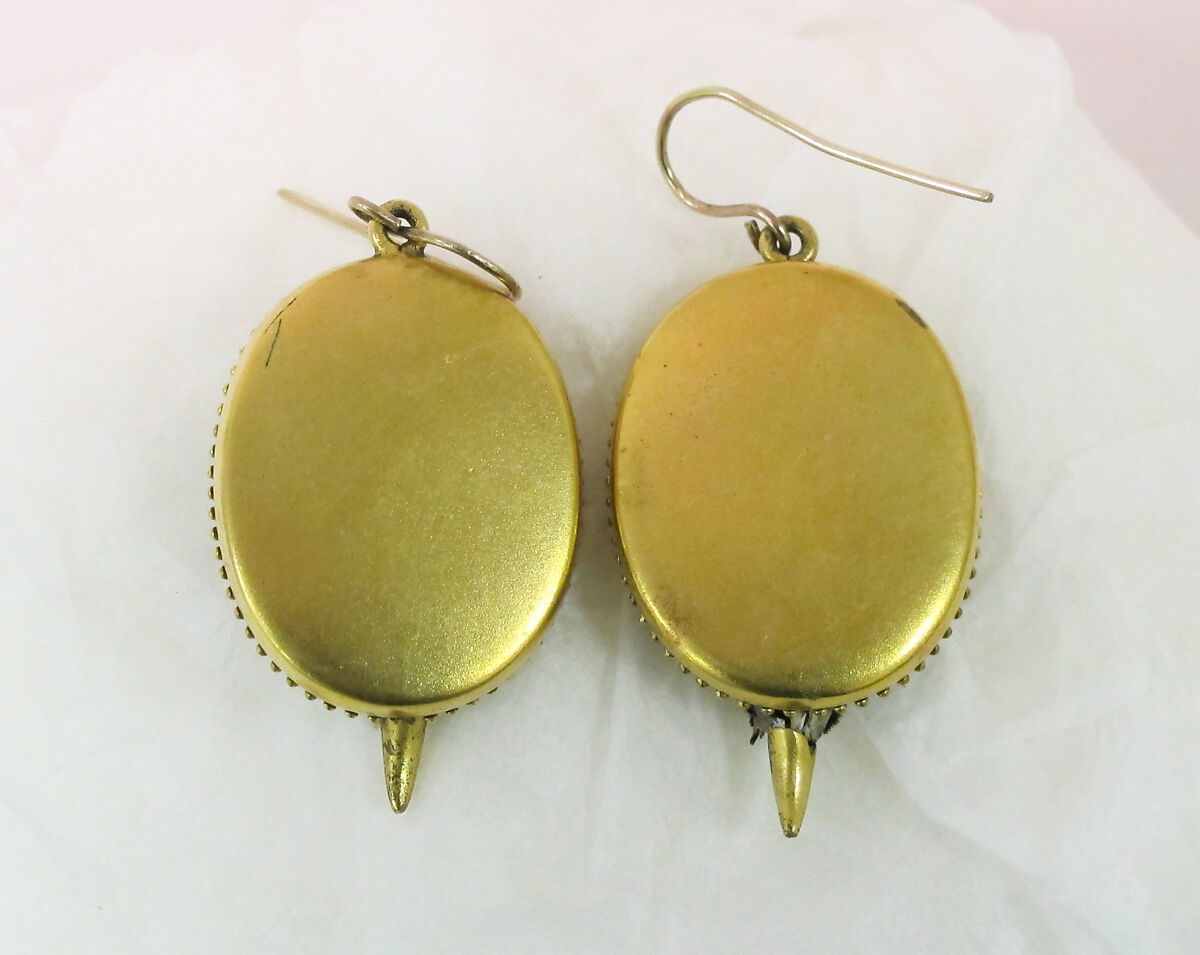 Earrings, preserved red-legged honeycreeper. gold, metal, British