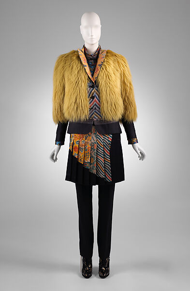 Ensemble, Dries Van Noten (Belgian, born 1958), (a) fox fur, silk; (b) wool, silk, synthetic; (c) silk, mother-of-pearl; (d) wool, silk, synthetic, metal; (e, f) leather, cotton, synthetic; (g, h) mother-of-pearl, metal, Belgian 