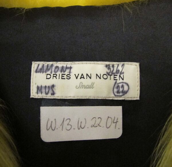 Ensemble, Dries Van Noten (Belgian, born 1958), (a) fox fur, silk; (b) wool, silk, synthetic; (c) silk, mother-of-pearl; (d) wool, silk, synthetic, metal; (e, f) leather, cotton, synthetic; (g, h) mother-of-pearl, metal, Belgian