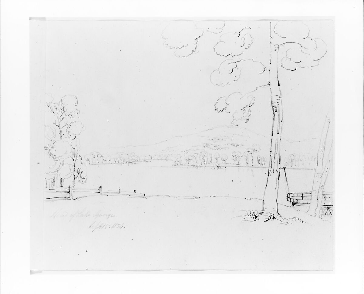 Sketchbook of Lake George, Catskill Mountains, and Hudson River Subjects, John William Casilear (American, New York 1811–1893 Saratoga Springs, New York), Drawings in graphite and pen and ink on off-white wove paper, bound in leather and cloth panels, American