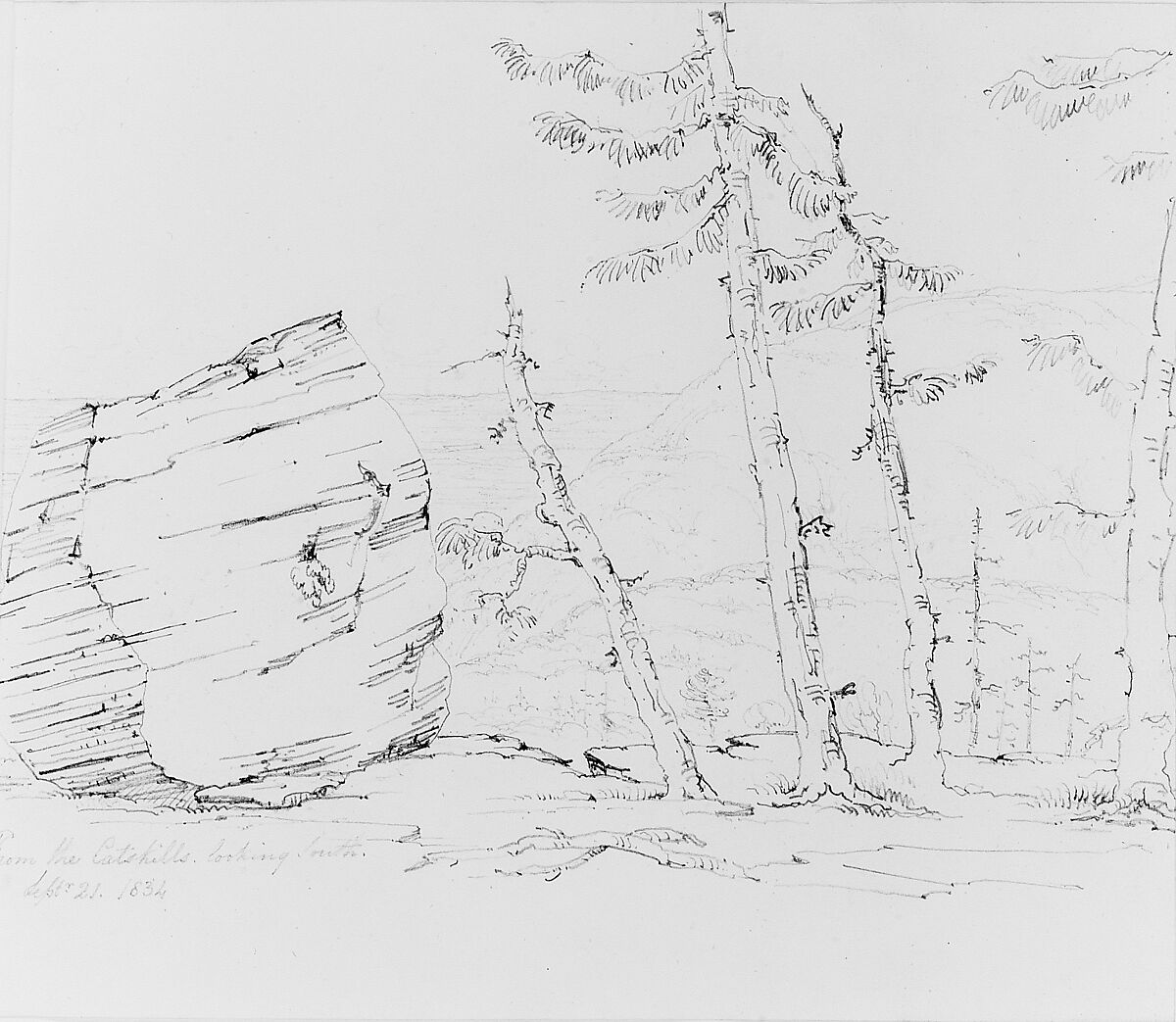 Sketchbook of Lake George, Catskill Mountains, and Hudson River Subjects, John William Casilear (American, New York 1811–1893 Saratoga Springs, New York), Drawings in graphite and pen and ink on off-white wove paper, bound in leather and cloth panels, American