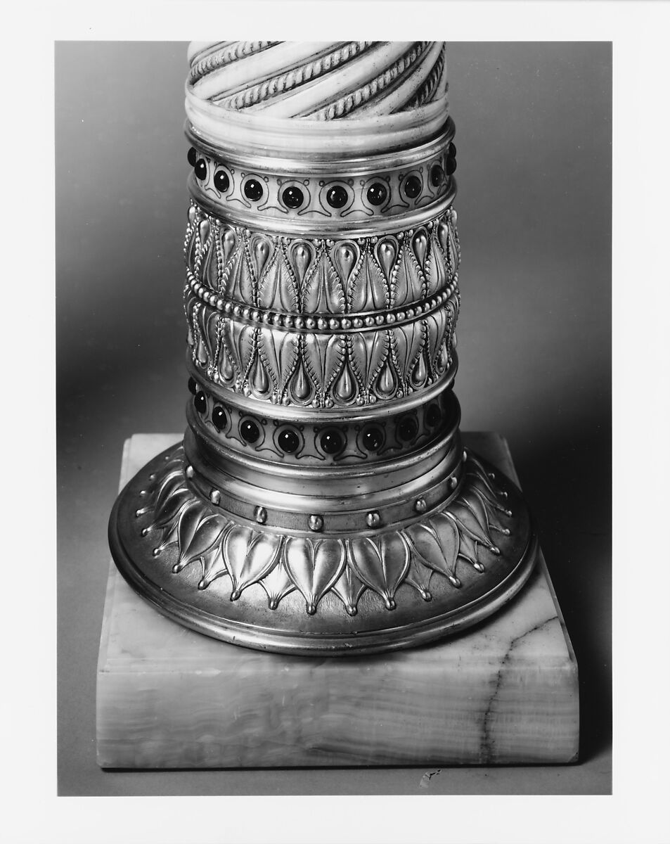 Pedestal from the drawing room of the William H. Vanderbilt House, Herter Brothers (German, active New York, 1864–1906), Egyptian alabaster, gilt brass, and reproduction red glass jewels, American