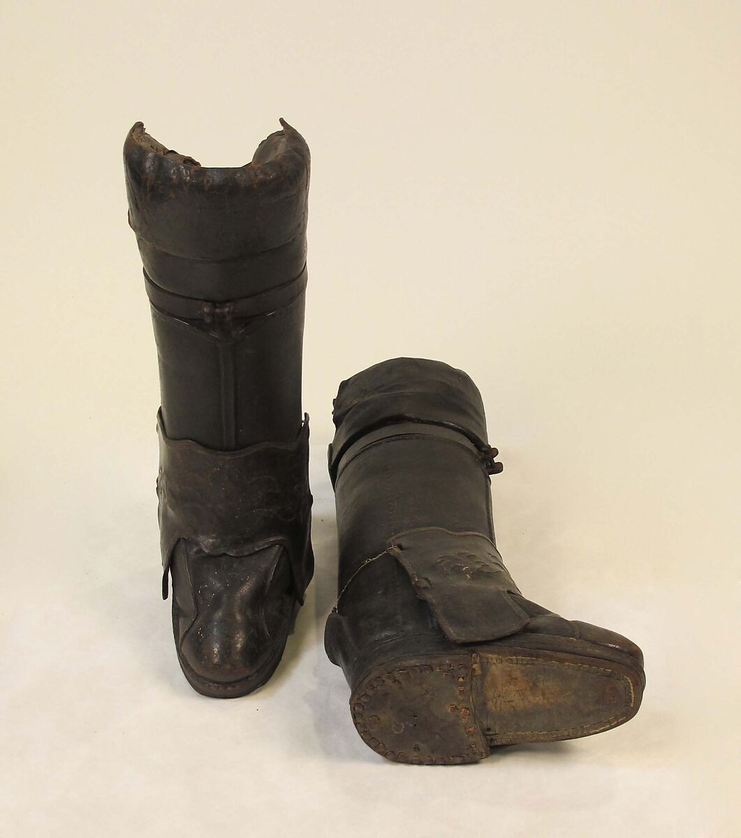 Boots, leather, metal, horsehair, probably French
