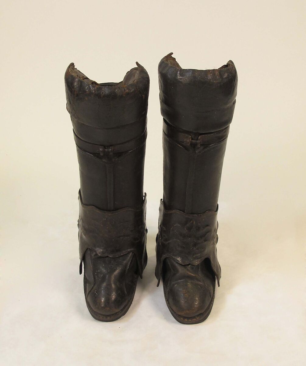 Boots, leather, metal, horsehair, probably French 
