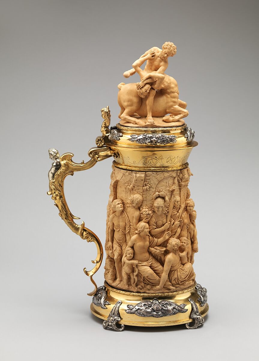 Tankard with cover, Franchi and Son, Fictile ivory, mounted in silver, parcel gilt, British, London, after German, Augsburg original