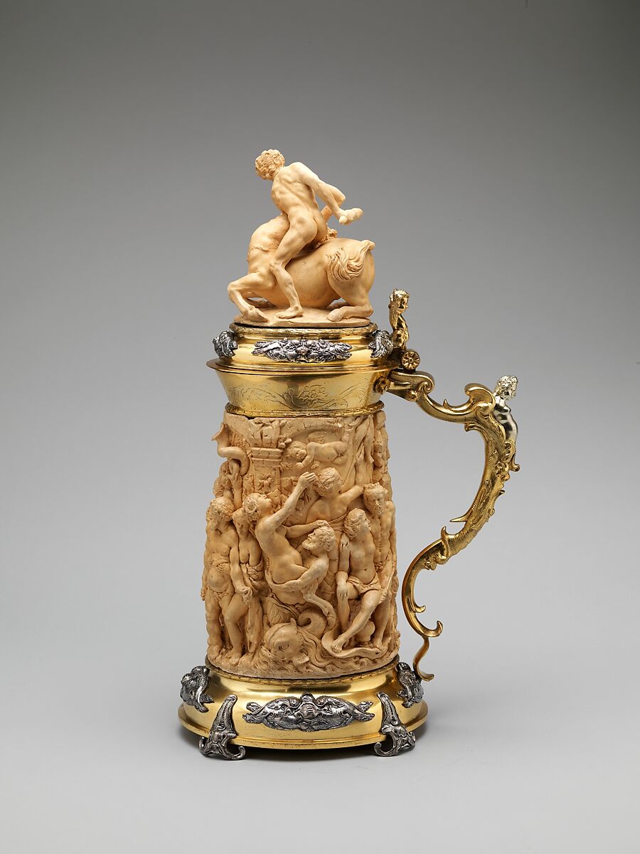 Tankard with cover, Franchi and Son, Fictile ivory, mounted in silver, parcel gilt, British, London, after German, Augsburg original 
