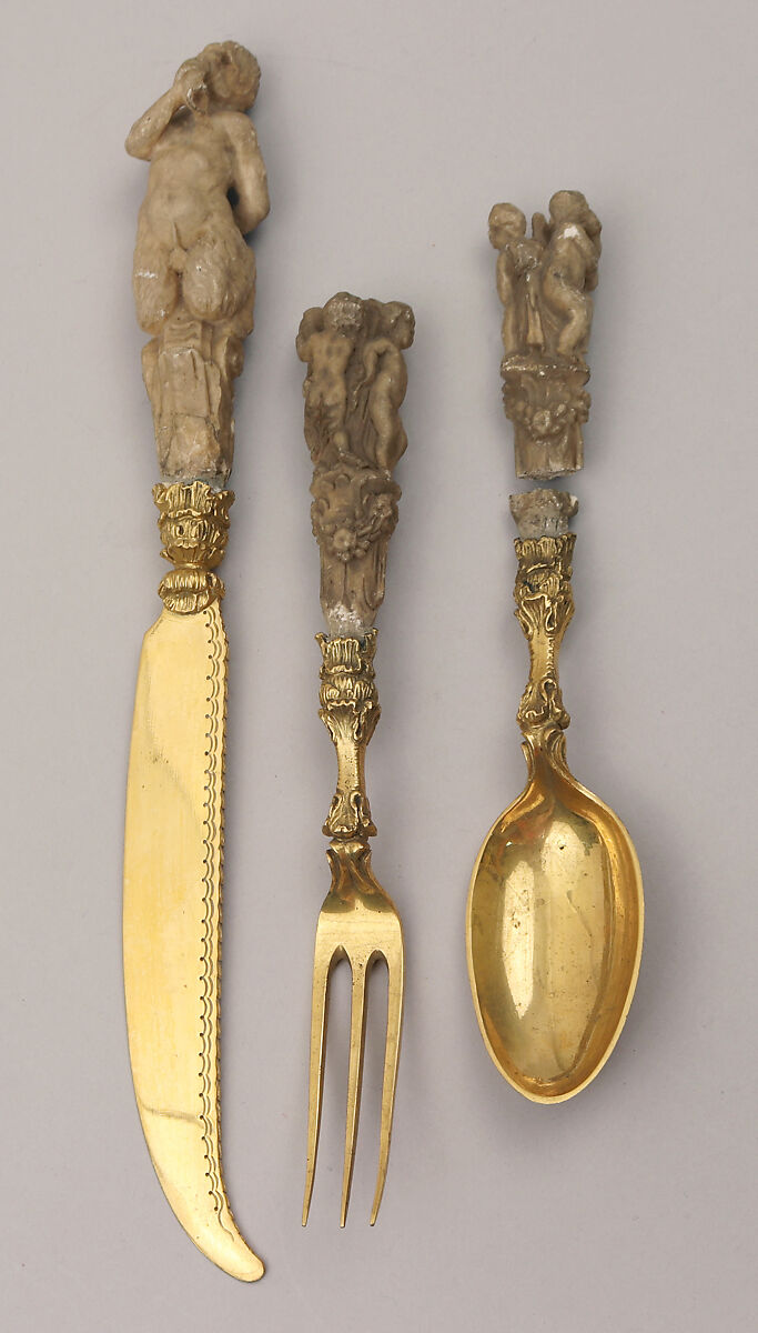 Knife, fork, and spoon, Elkington &amp; Co. (British, Birmingham, 1829–1963), Silver on base metal, British, Birmingham, after French original 
