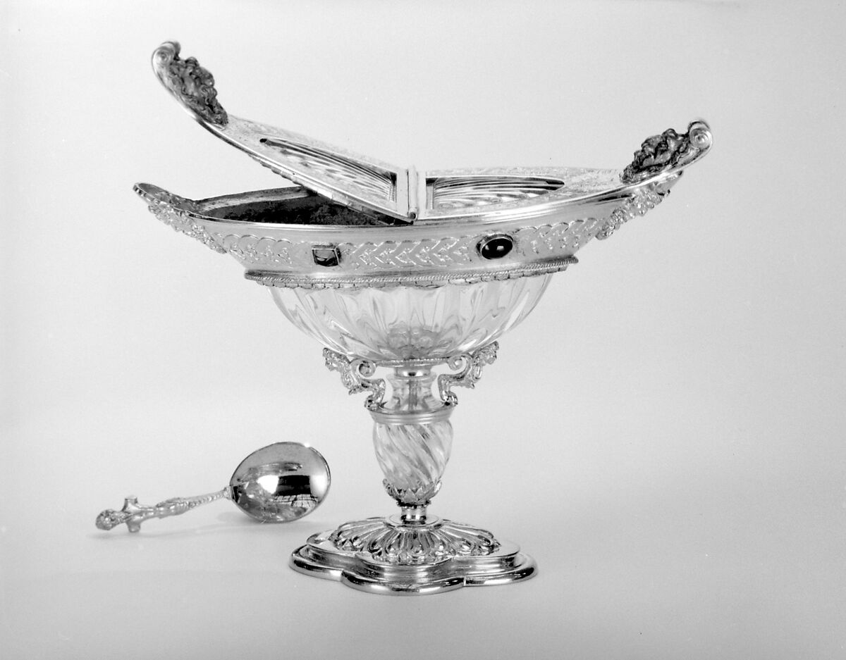 Incense holder (Navette), Rock crystal; silver-gilt mounts, set with amethysts and garnets, British, after Italian original 