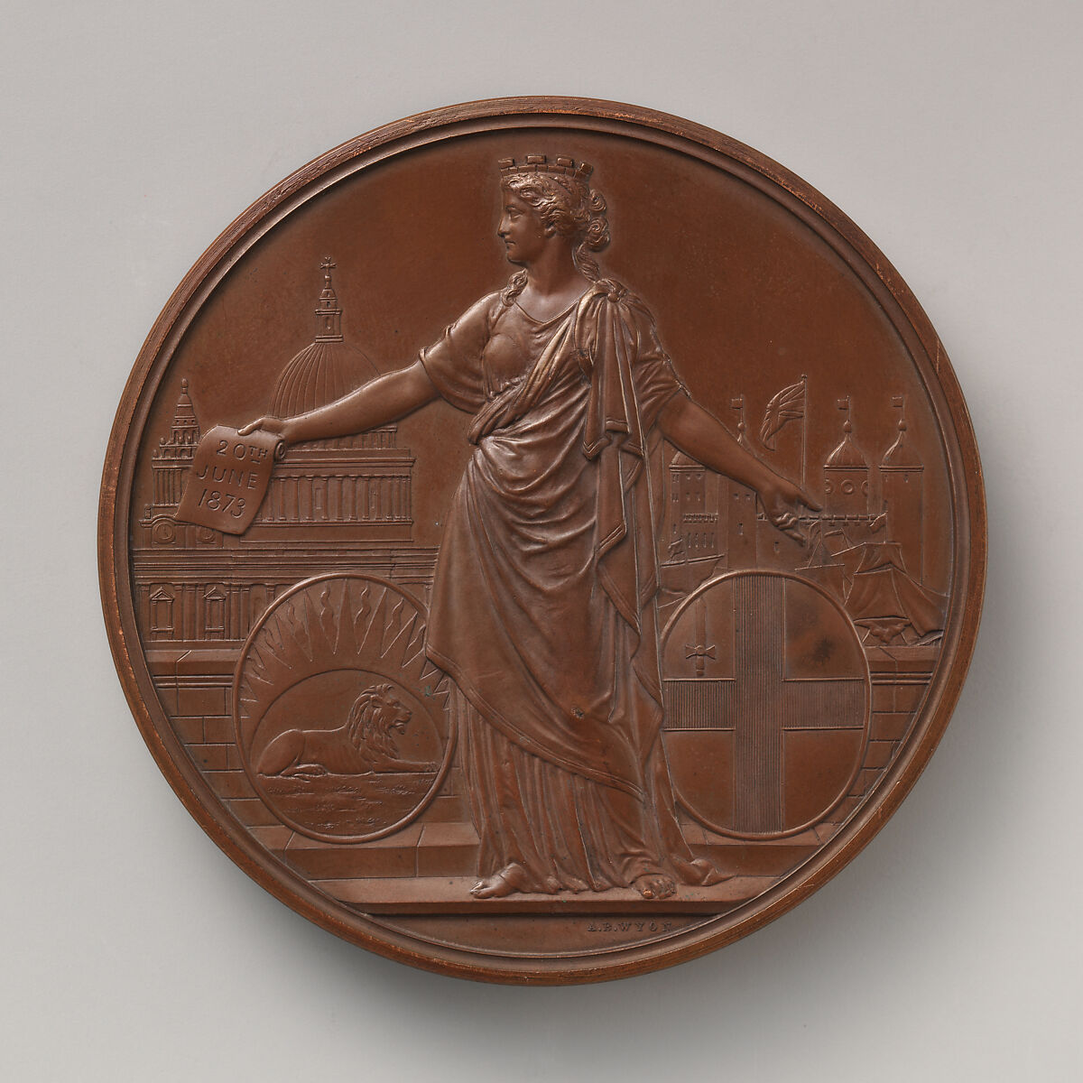 In Memory of the Visit of the Shah of Persia to the City of London, June 20, 1873, Medalist: Alfred Benjamin Wyon (British, London 1837–1884), Bronze, struck, British