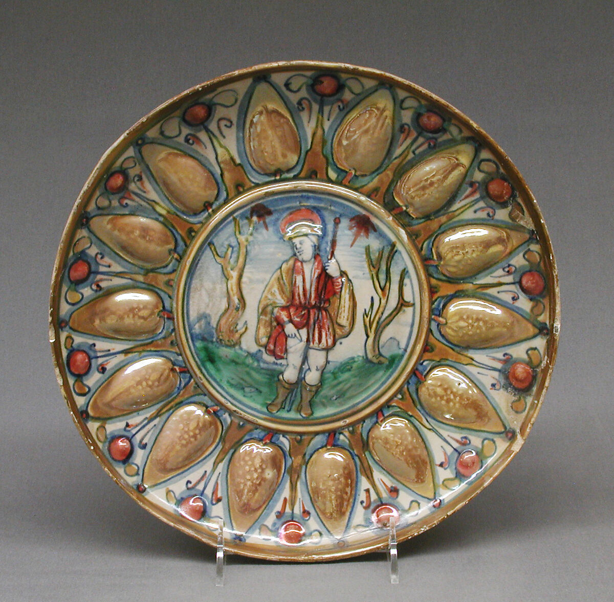 Dish with Saint Roche, Maiolica (tin-glazed earthenware), lustered, Italian, Gubbio 