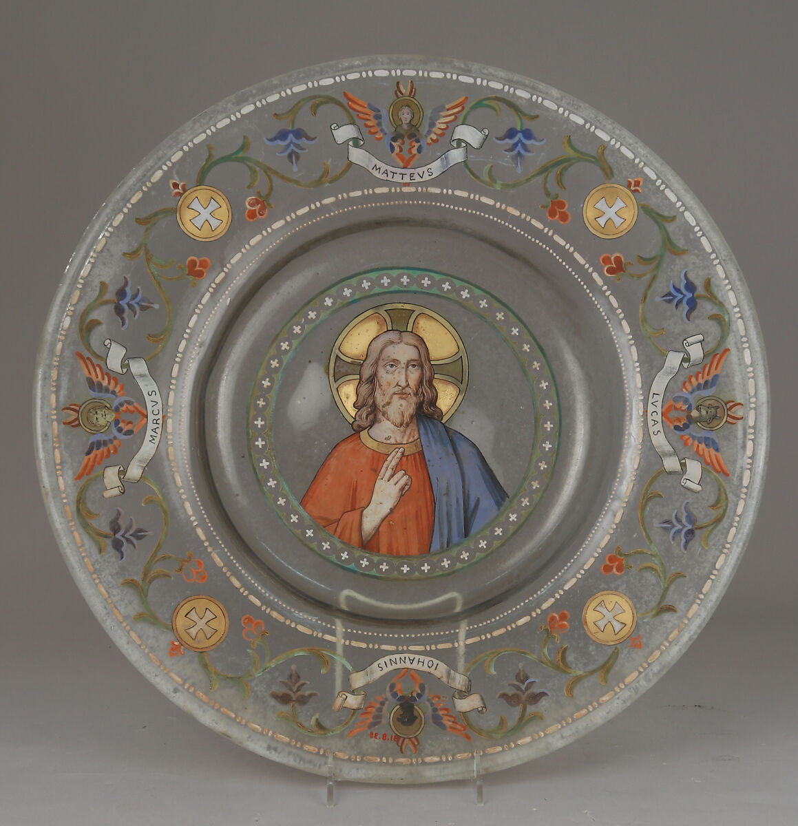 Renaissance-style dish with Christ and Four Evangelists, Probably Società Anonima per Azioni Salviati &amp; C. (Italian, 1866–1872), Glass: blown, enameled and gilded, Italian, Venice (Murano)