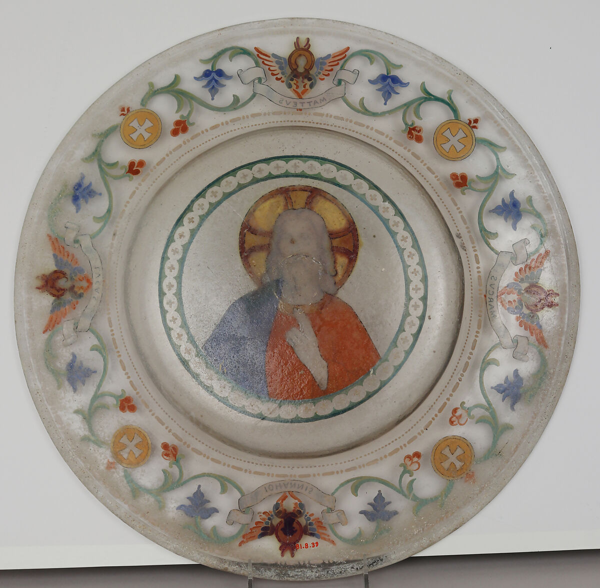 Renaissance-style dish with Christ and Four Evangelists, Probably Società Anonima per Azioni Salviati &amp; C. (Italian, 1866–1872), Glass: blown, enameled and gilded, Italian, Venice (Murano)