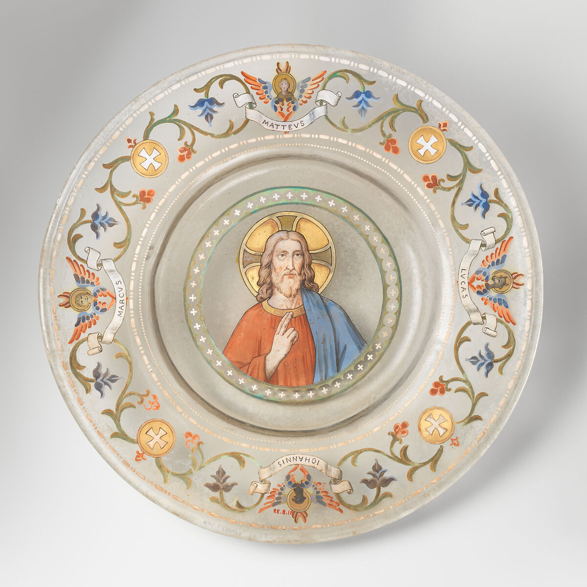 Renaissance-style dish with Christ and Four Evangelists, Probably Società Anonima per Azioni Salviati &amp; C. (Italian, 1866–1872), Glass: blown, enameled and gilded, Italian, Venice (Murano) 